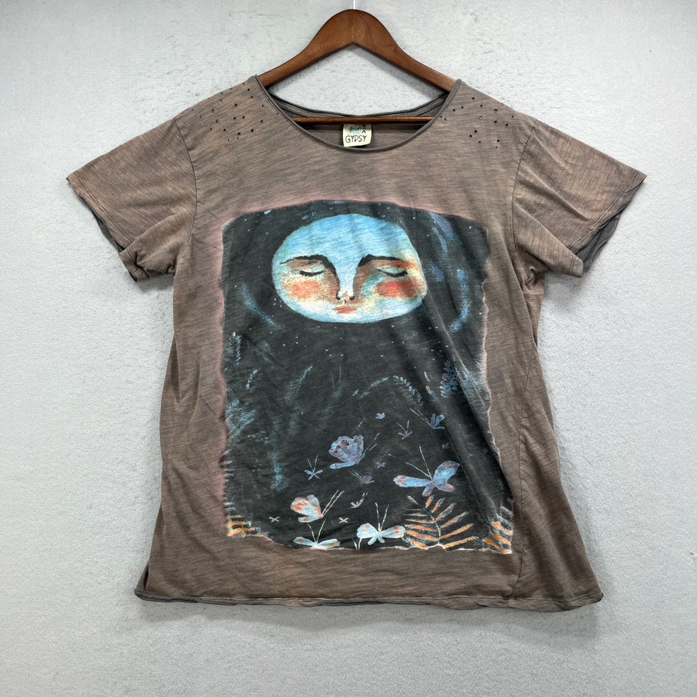 Jaded Gypsy Moon Dance Tee Womens S/M Brown Graphic Distressed Boho Whimsical